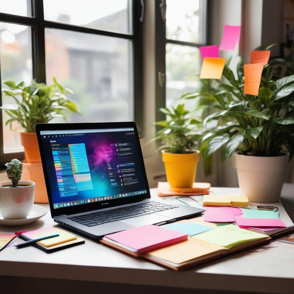 A cozy workspace featuring a sleek laptop open to a digital journal with colorful entries. Surrounding the laptop are vibrant plants, a steaming cup of coffee, and colorful sticky notes with tips for bloggers. The background radiates a sense of inspiration with soft light filtering through a window. super-realistic. vibrant colors. inviting atmosphere.