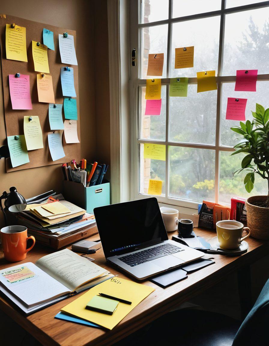 An inviting workspace with a cozy wooden desk, a steaming cup of coffee, and an open laptop displaying a vibrant online journal, surrounded by colorful sticky notes and journals full of personal reflections. A window with natural light illuminating the scene, and a corkboard filled with trending topics and inspirational quotes in the background. Atmospheric and warm tones to evoke creativity. super-realistic. vibrant colors.