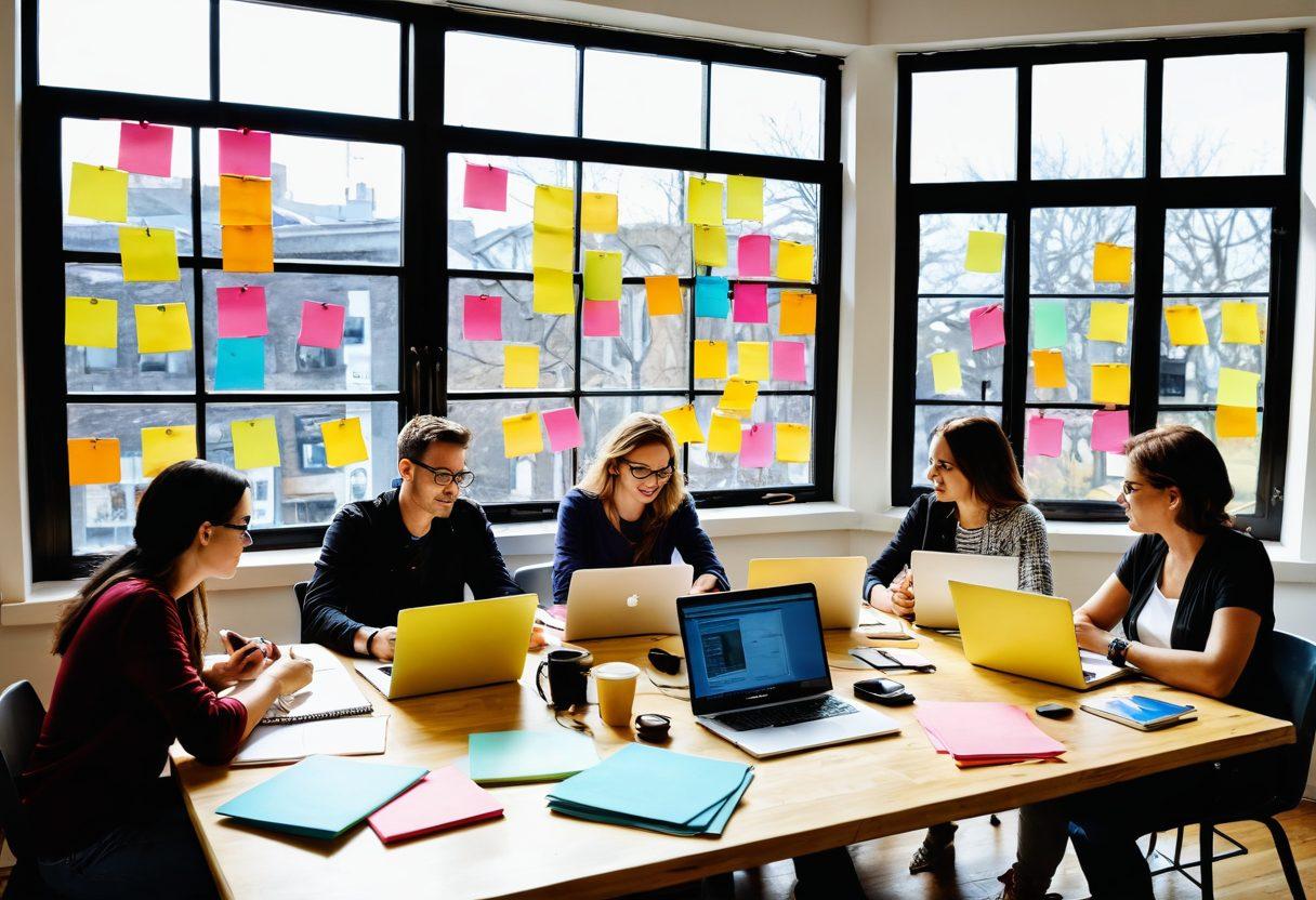A vibrant scene depicting a diverse group of bloggers brainstorming around a table filled with laptops, notebooks, and coffee cups. Bright sticky notes fly around, illustrating their creative ideas, while a large window shows a sunny day outside. In the background, a chalkboard features a dynamic list of expert tips for blogging success. The atmosphere is energetic and collaborative, inspiring productivity. super-realistic. vibrant colors.